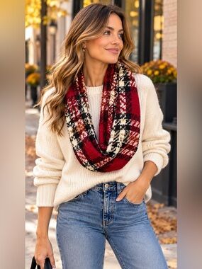 Vintage V FRAAS Plaid Infinity Scarf Made Germany Red Tartan Circle Scarf